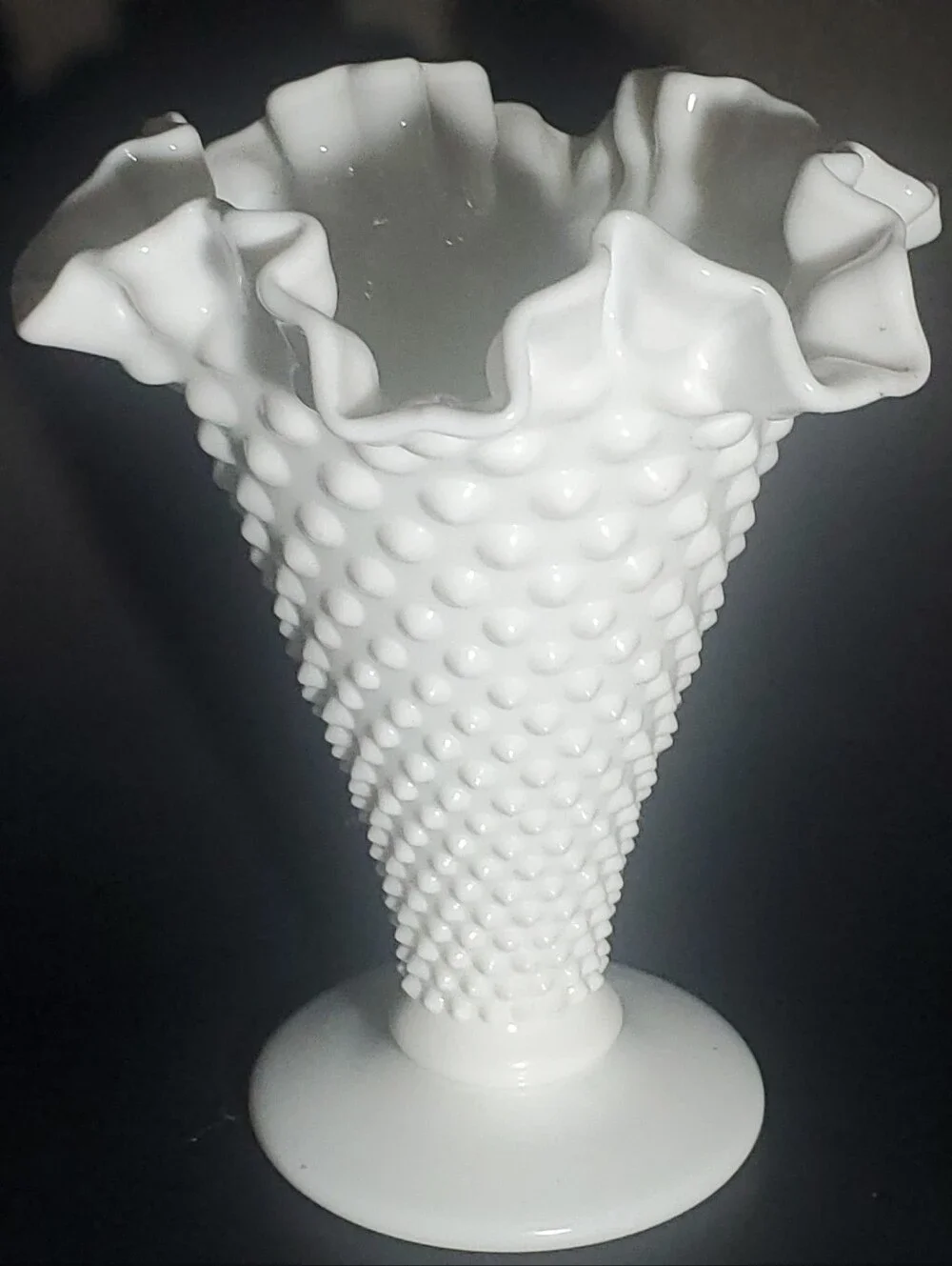 FENTON - Vintage Large Hobnail Milk Glass Trumpet Vase with Crimped Ruffled Rim